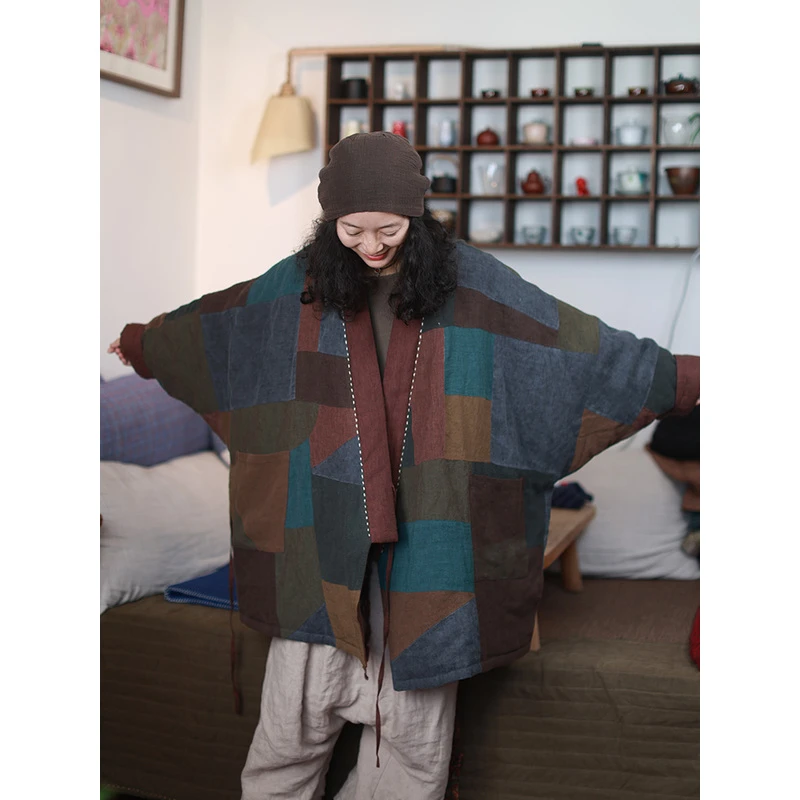 气息-生态麻/听花香冬季加厚拼接双面穿宽松新雪丽棉服外套袍子