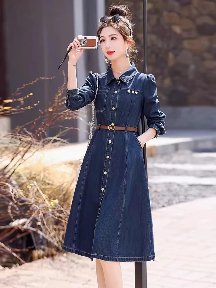 6009#时尚气质长袖牛仔连衣裙长102