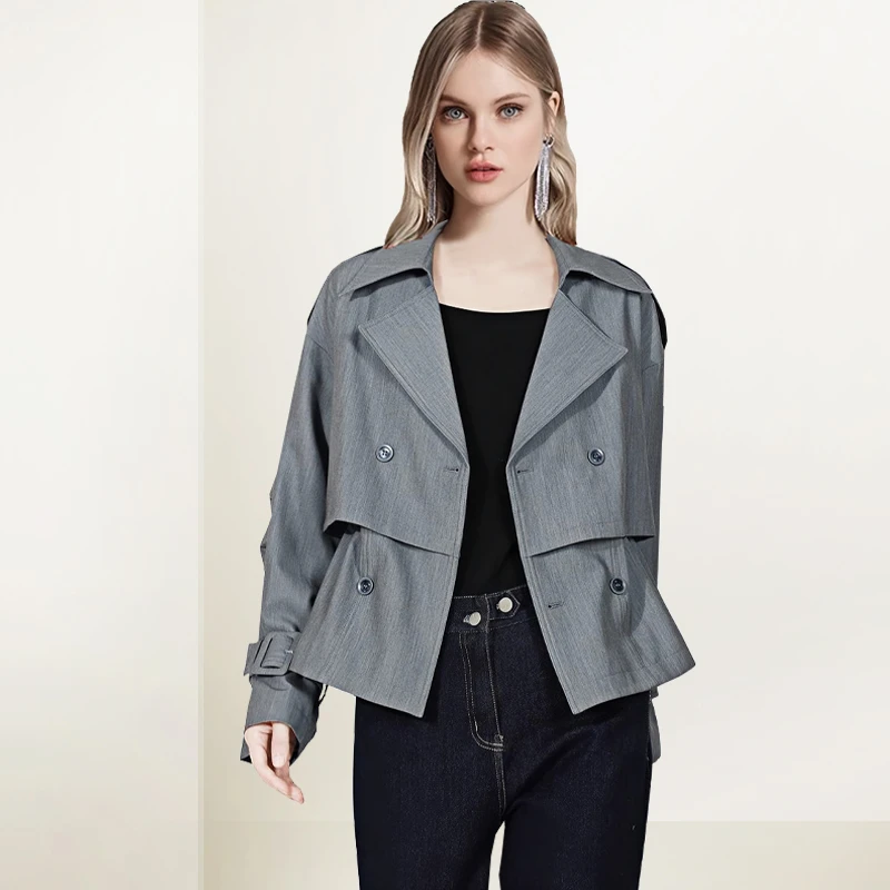 西装领风衣外套女2025年秋装新款炸街宽松短款双排扣小个子上衣潮