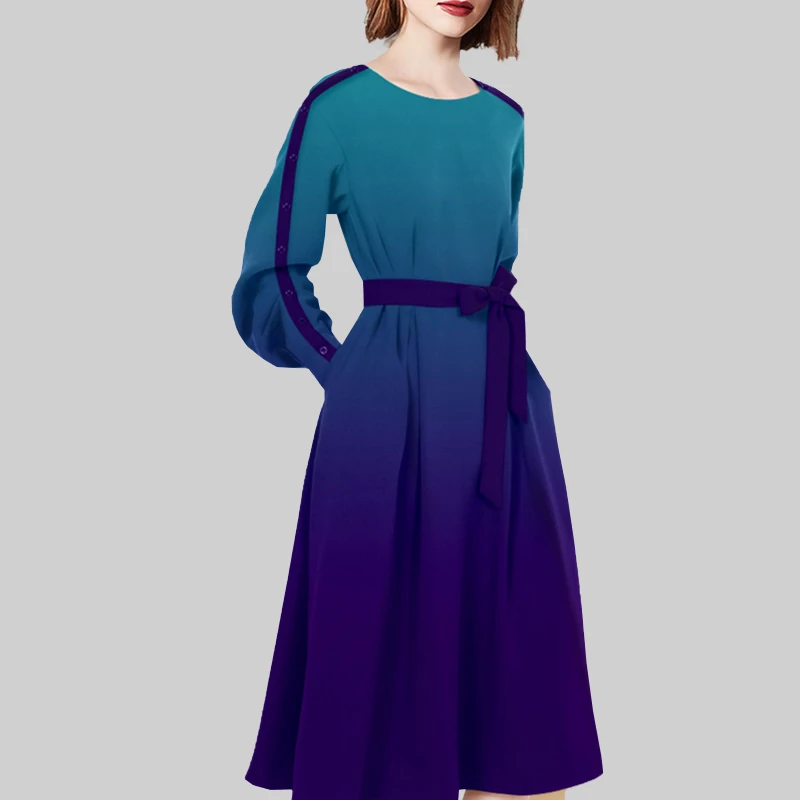 法式时尚渐变蓝长袖连衣裙女装2025年秋新款气质圆领别致系带裙子