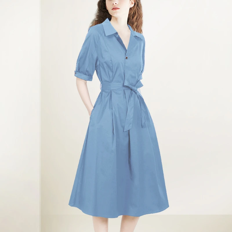 法式翻领桔梗蓝短袖连衣裙女2025年夏装新款宽松收腰显瘦压褶长裙