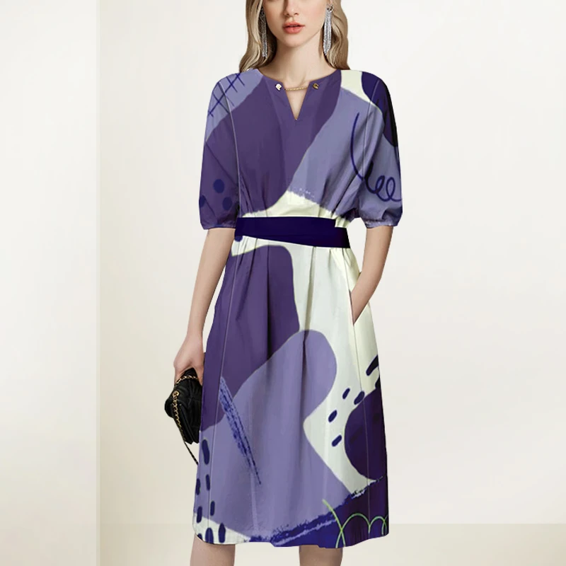 V领紫色印花连衣裙女2025年夏装新款法式收腰设计感小众撞色裙子