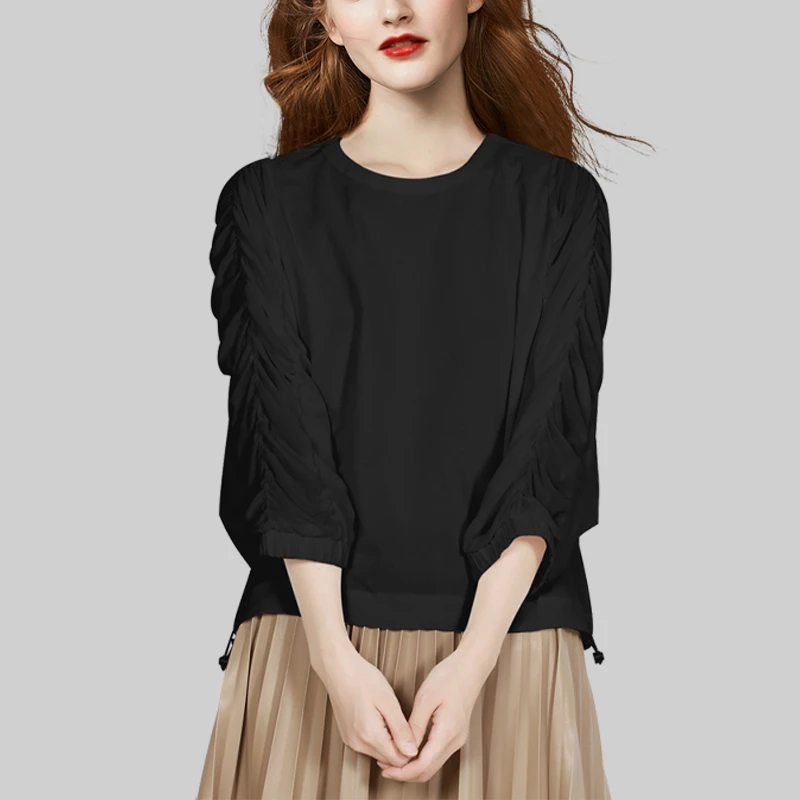黑色设计感气质简约百搭T恤秋款2025年新款七分袖温柔风显瘦上衣