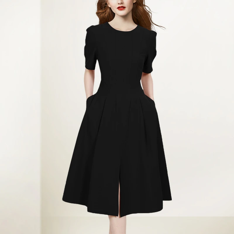 QOOEL质感高级感气质御姐赫本风小黑裙连衣裙2025黑色气质连衣裙