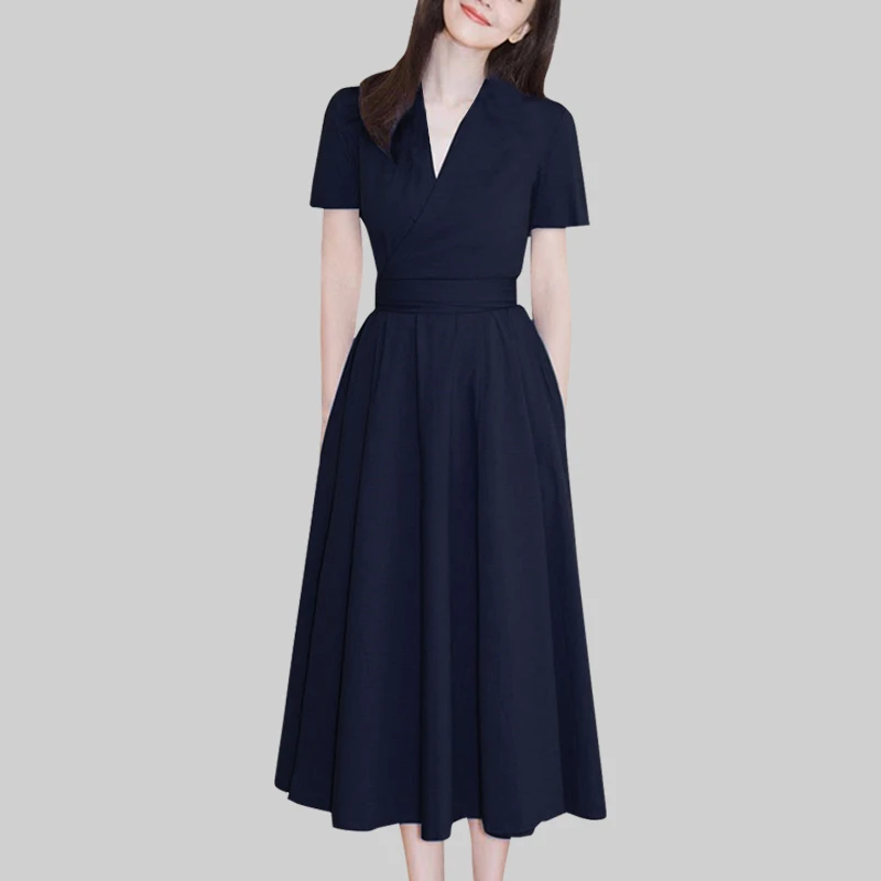 2025年夏装新款法式复古轻熟风气质收腰显瘦V领衬衫连衣裙a字裙女