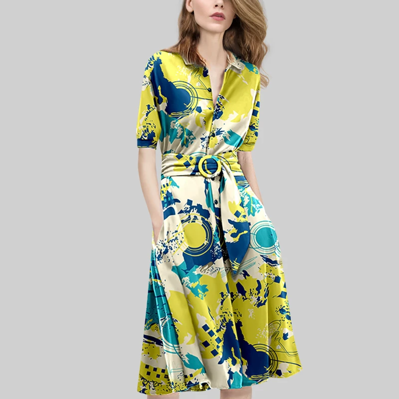 2025年秋新款时尚气质洋气印花连衣裙POLO领收腰显瘦法式A字裙女