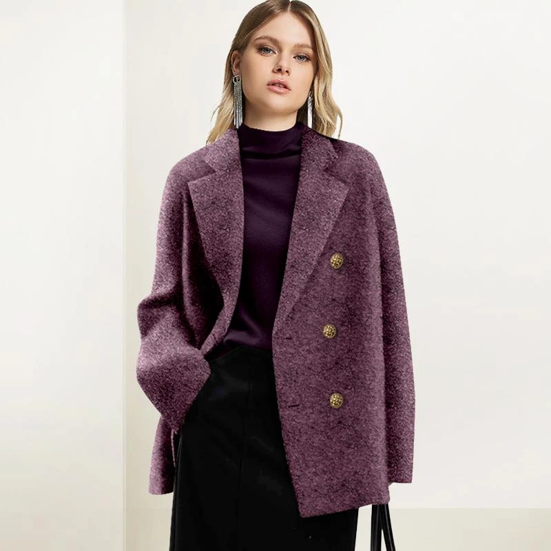 紫色中长款毛呢西装外套女2025年冬装新款小个子气质加厚西服大衣