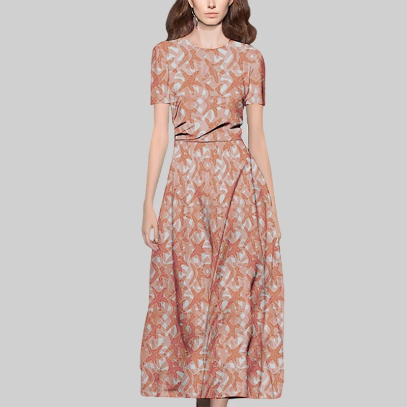 法式名媛气质印花连衣裙御姐风中长裙2025夏新款修身短袖A字裙女