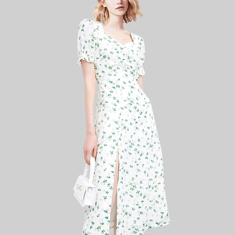 法式印花连衣裙子女夏季2025年新款小清新收腰显瘦气质开叉碎花裙