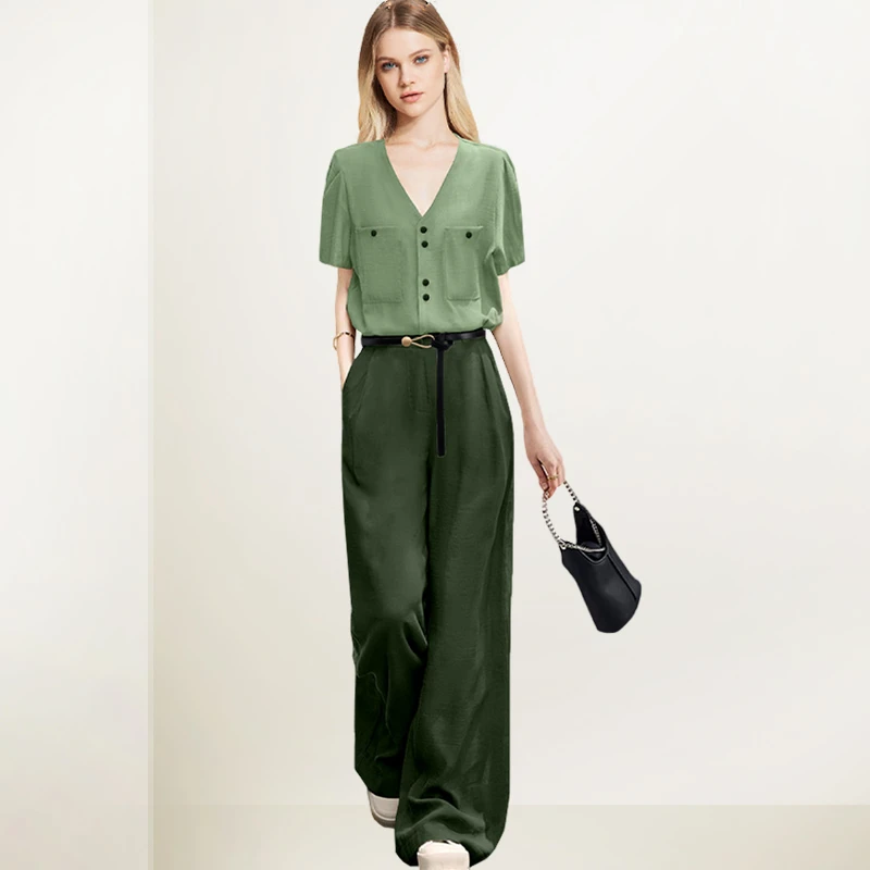 TZ250法式减龄套装2025年夏装新款小香风V领衬衫遮肉阔腿裤两件套