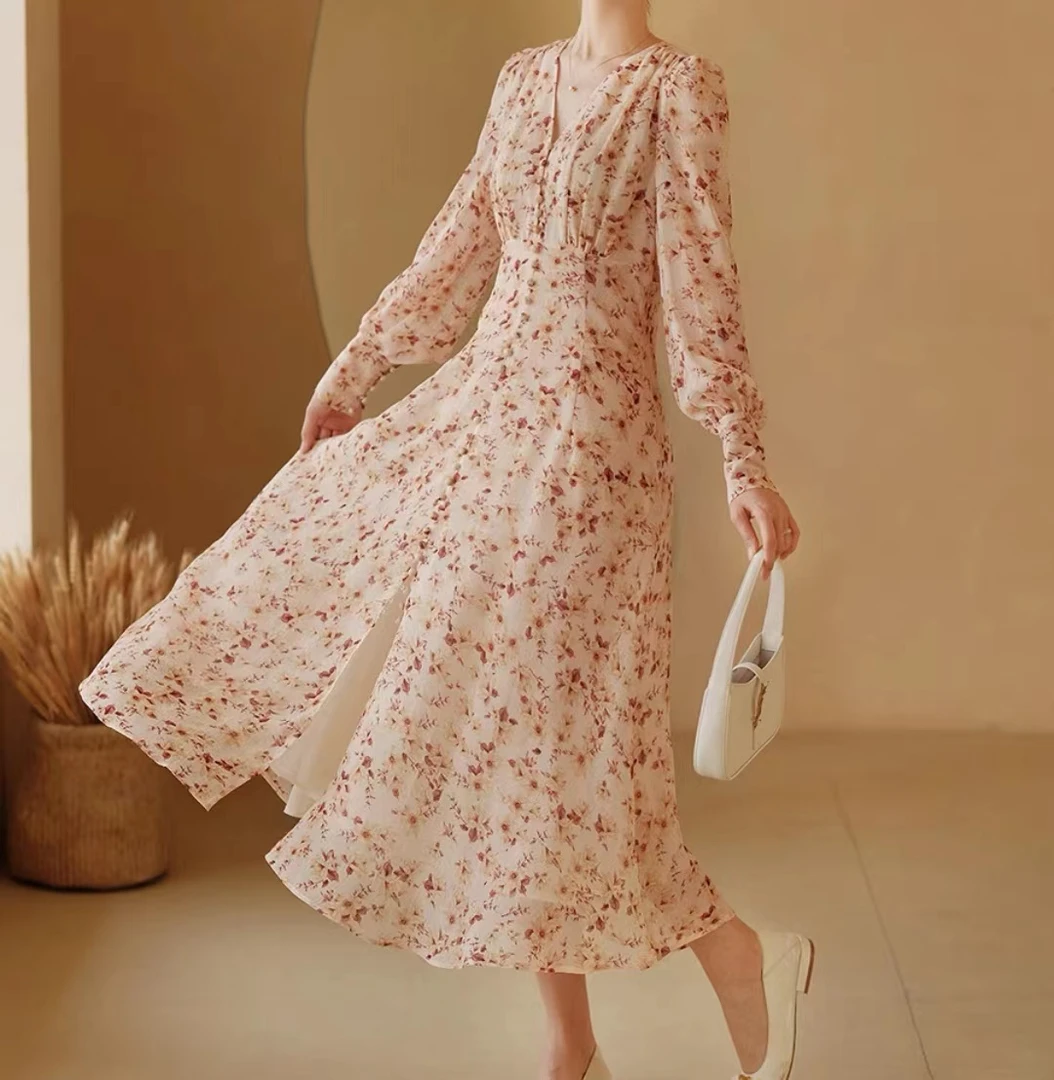 八九裙子旗袍长袖长款修身印花温柔秋季