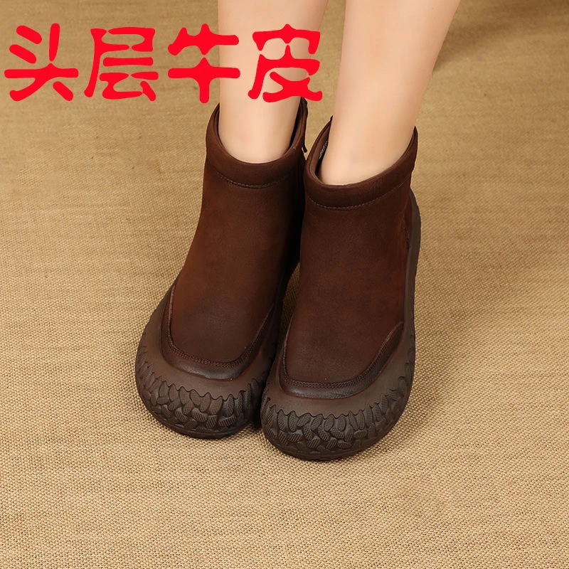 平底棕色英伦牛皮小短靴女厚底大头皮鞋秋冬新款软底复古真皮单靴