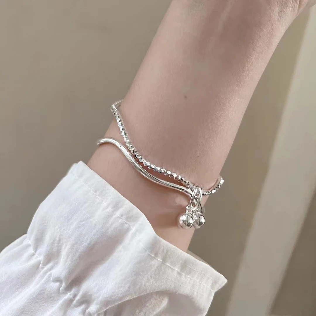 足银手链 999足银【双层波浪】时尚轻奢小众圆球实心气质碎银手环