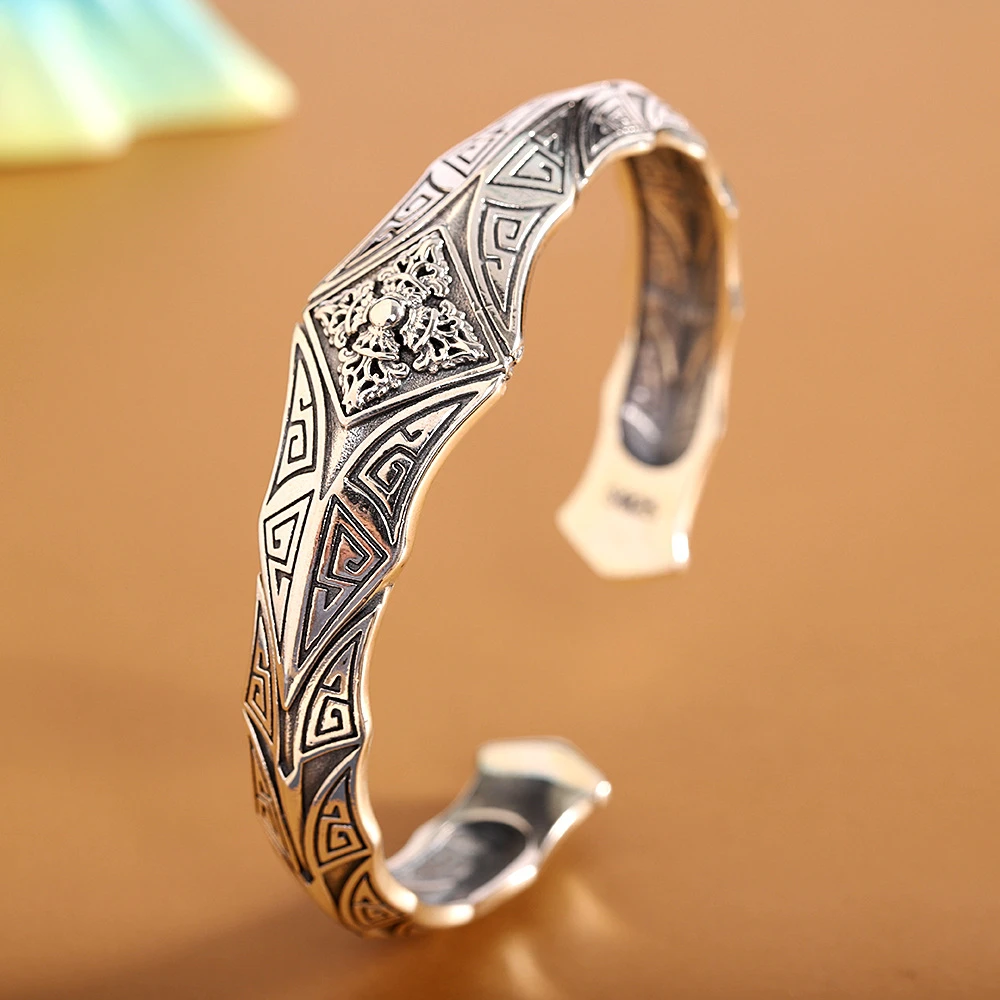 925银手镯 泰银精工实心复古金刚杵时尚手镯朋克机甲风开口银镯子