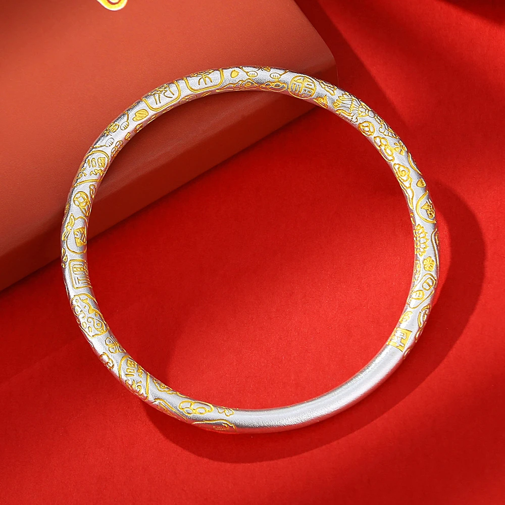 足银手镯 999.9足银【描金吉言招财猫】百搭闭口手工时尚圆棍手镯