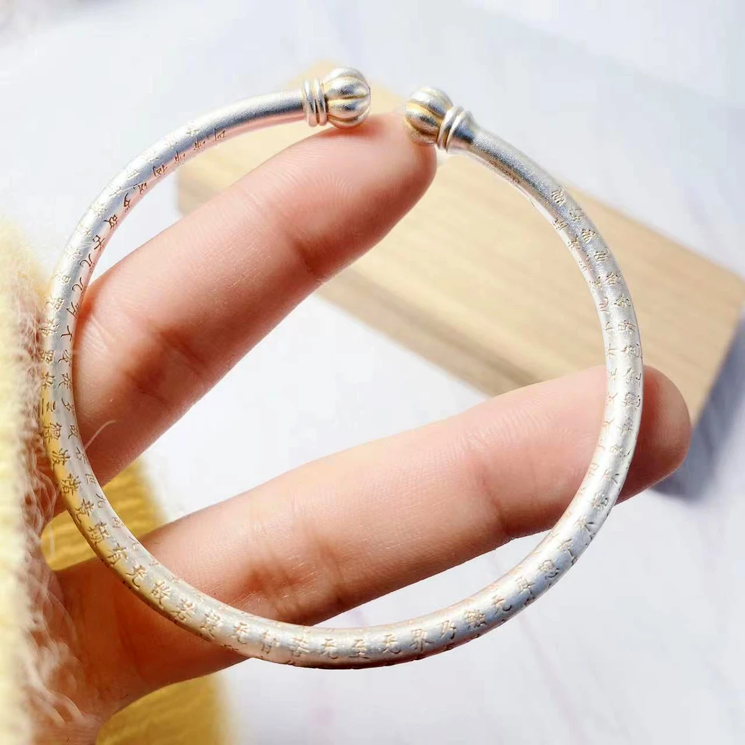 足银手镯 999.9【心经南瓜头】手工描金雕刻实心开口时尚银镯子复古