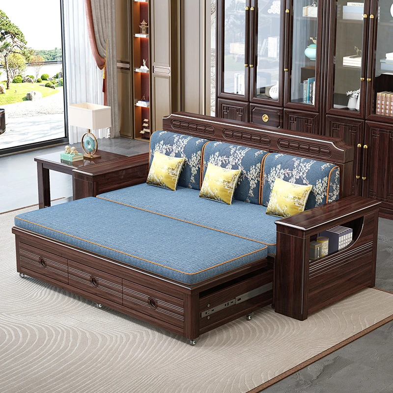 新中式紫金檀木实木多功能沙发床别墅现代家用伸缩储物客厅沙发