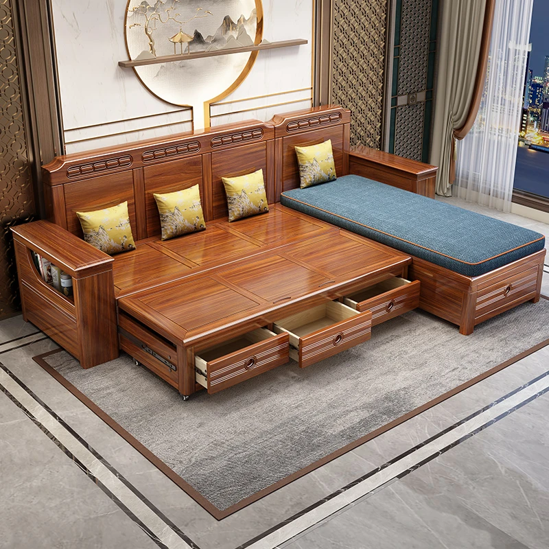 【佛山工厂直销】新中式胡桃木实木多功能沙发床储物家具卡座客厅