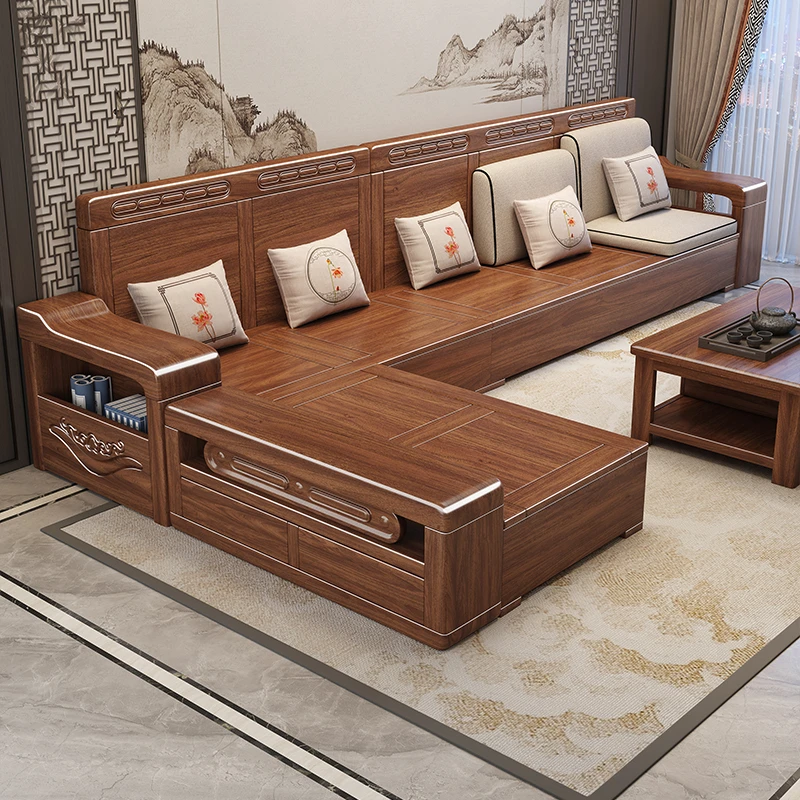 【佛山工厂直销】新中式胡桃木实木卡座沙发客厅储物全套卡座沙发
