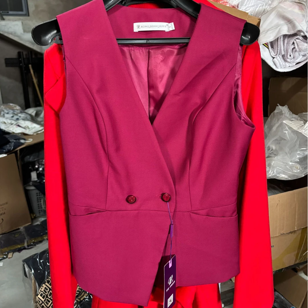 【断码清】苋红色横双扣背双扣马甲新款