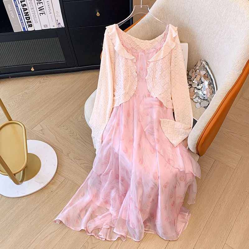 大码女装胖mm粉色吊带连衣裙+长袖开衫套装春秋新款新款