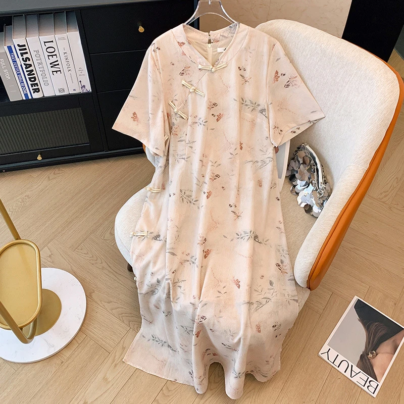66417特大码女装胖mm新中式国风碎花盘扣改良旗袍连衣裙宽松夏季