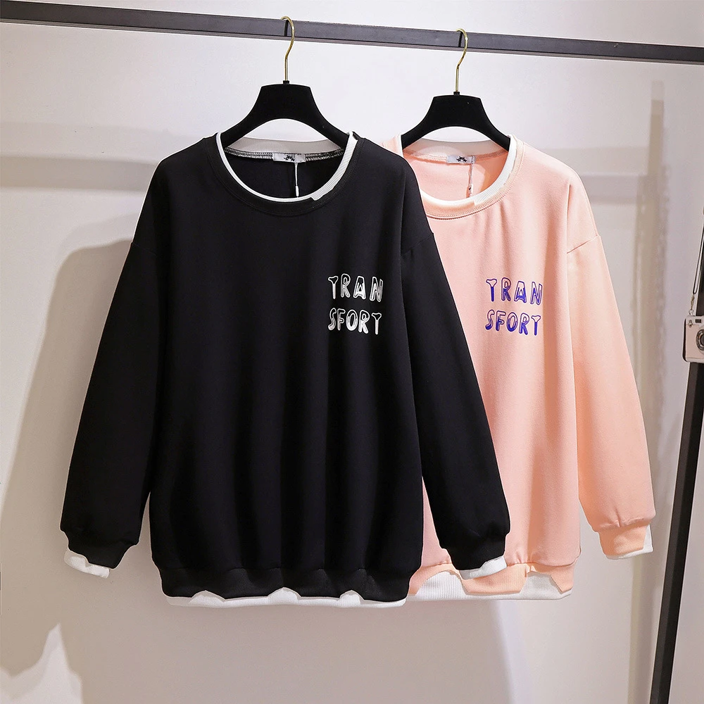 300斤大码女装胖mm春季宽松显瘦印花卫衣加肥加大打底衫上衣61534