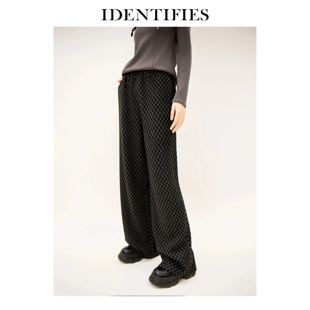 易缔媤/DE13385休闲裤宽松高腰秋冬运动拖地格纹