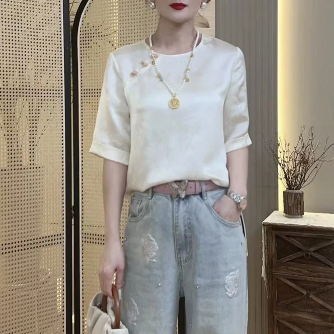 女装气质上衣时尚休闲夏季宽松圆领显瘦小衫白色牛仔复古中国风