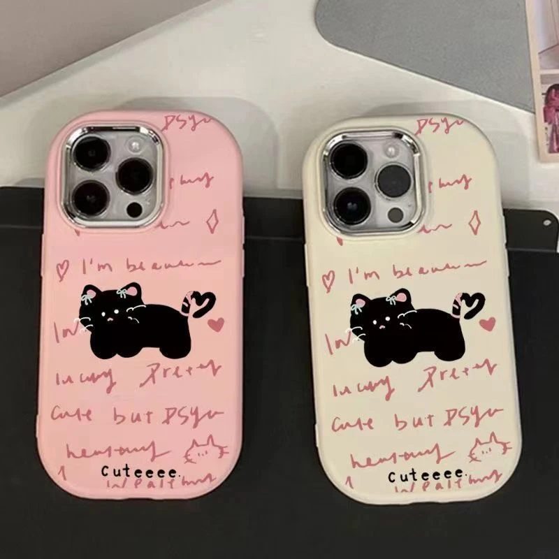 黑色猫猫金属框苹果华为荣耀vivo小米oppo手机壳卡通iPhone15