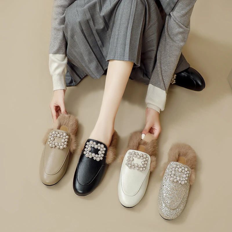 毛毛拖鞋女外穿秋冬季穆勒鞋2023包头半拖懒人珍珠方扣平底毛毛鞋