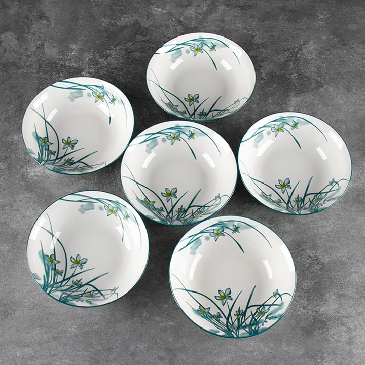 【6个装】7英寸水仙花陶瓷斗笠面碗家用新中式粥碗 破损联系客服