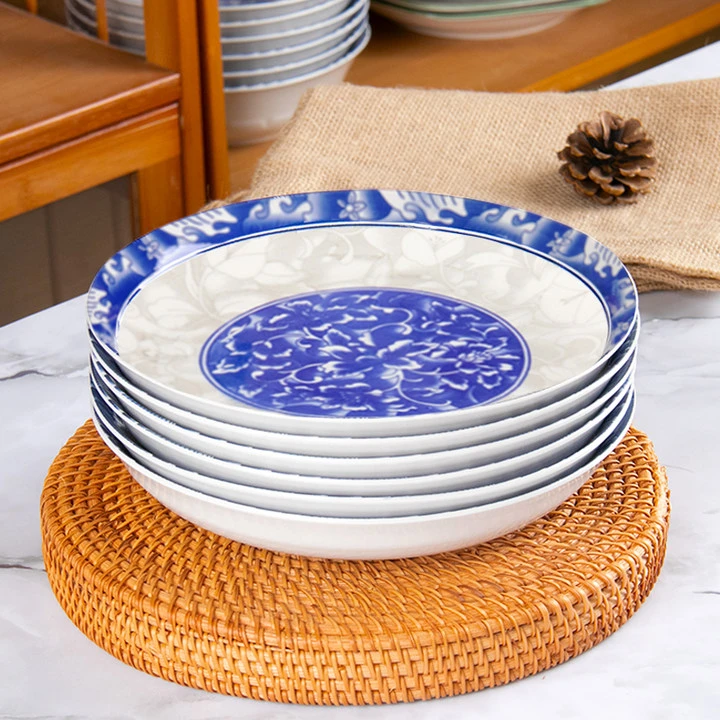 【6个装】8英寸青花瓷圆盘家用陶瓷菜盘 破损联系客服mqq