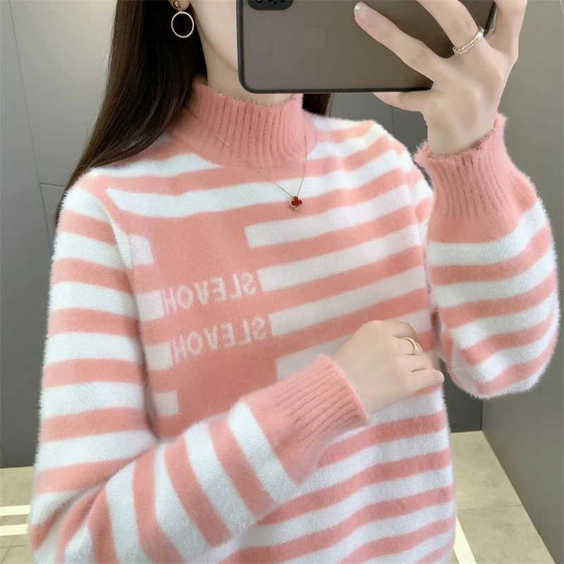2024秋冬新款加厚仿水貂绒毛衣女半高领宽松套头条纹针织打底外穿