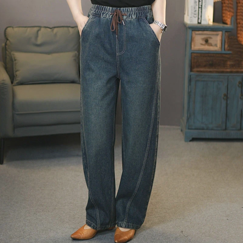 6802蓝色香蕉牛仔长裤女#2025秋季文艺复古休闲松紧腰镰刀裤