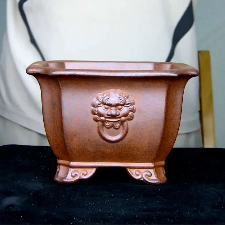内径17*11.5cm柴烧还原烧抽角四方兽头花盆