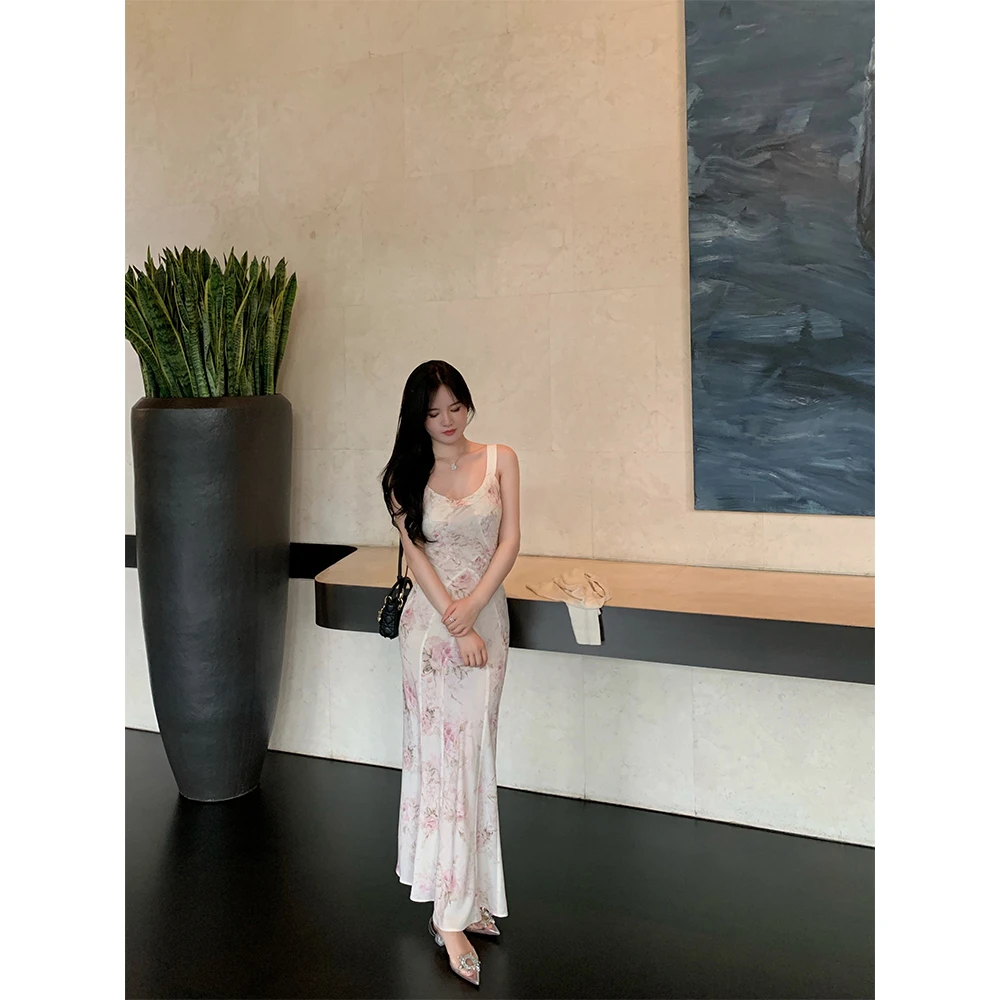 【现货6折】THE SWAN司凰轻奢 法式温柔长裙气质印花吊带连衣裙女