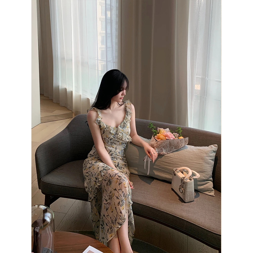 司凰轻奢 温柔心动组 雪纺印花褶皱中长裙夏吊带连衣裙