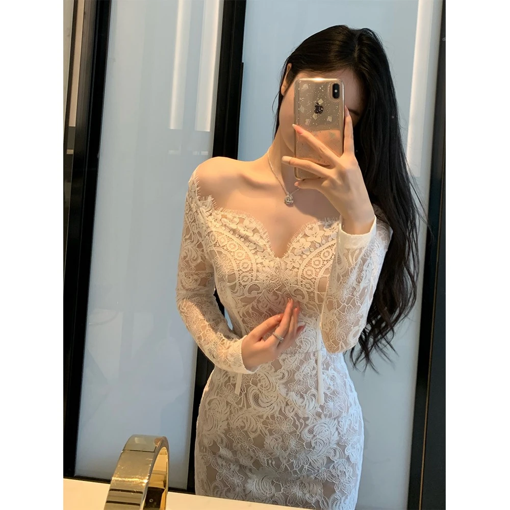 THE SWAN司凰轻奢 归国约会裙 修身气质茶歇裙收腰显瘦蕾丝连衣裙