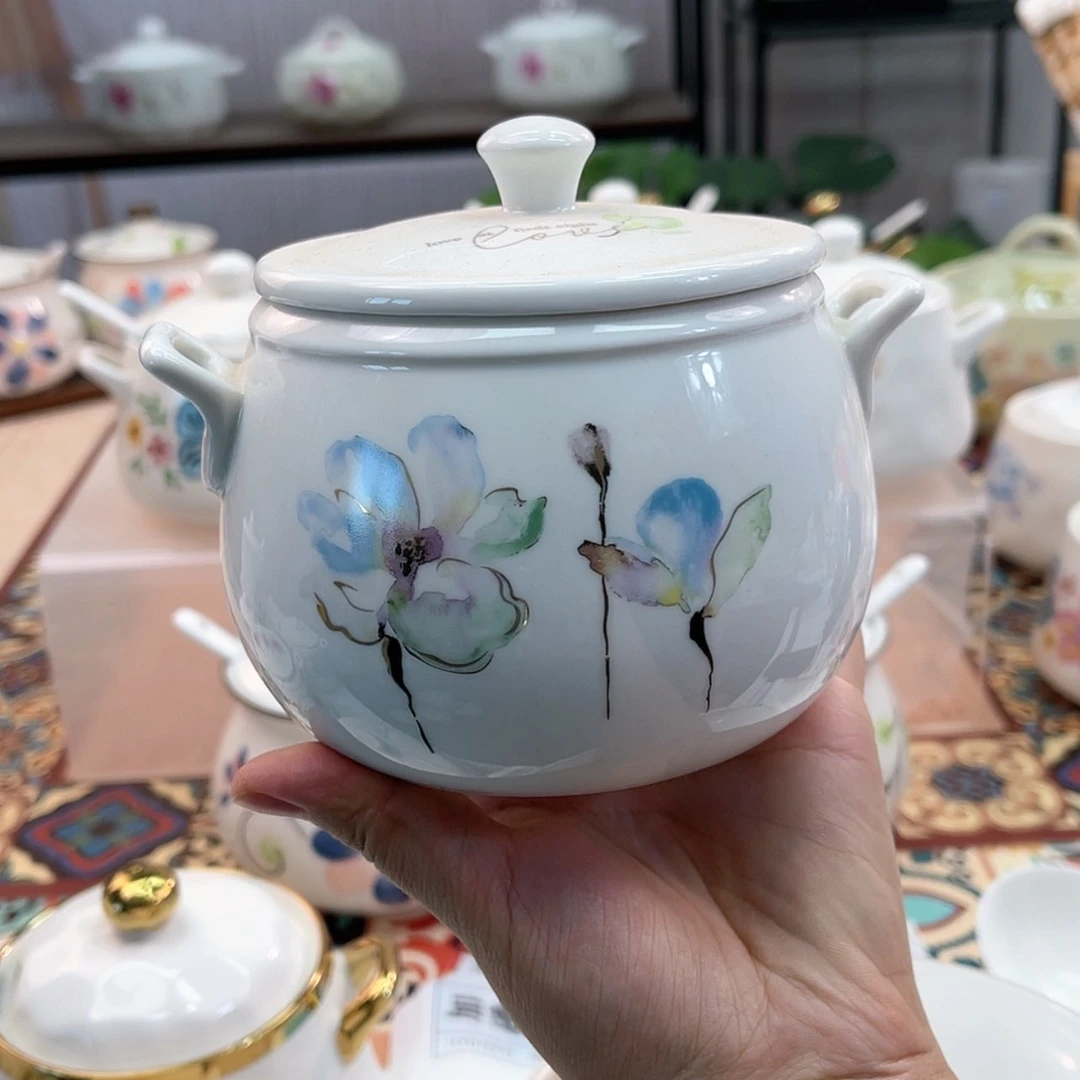 【闪购商品】瓷550毫升炖盅双耳单盖水墨青绿