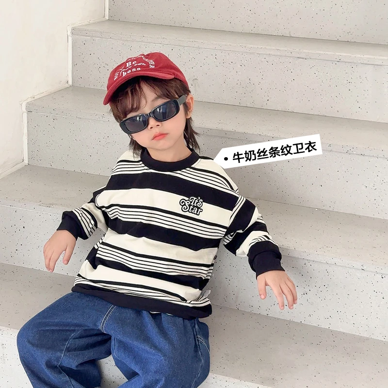 【开学穿搭】U14369男童条纹牛奶丝卫衣秋装秋款童装儿童上衣秋季