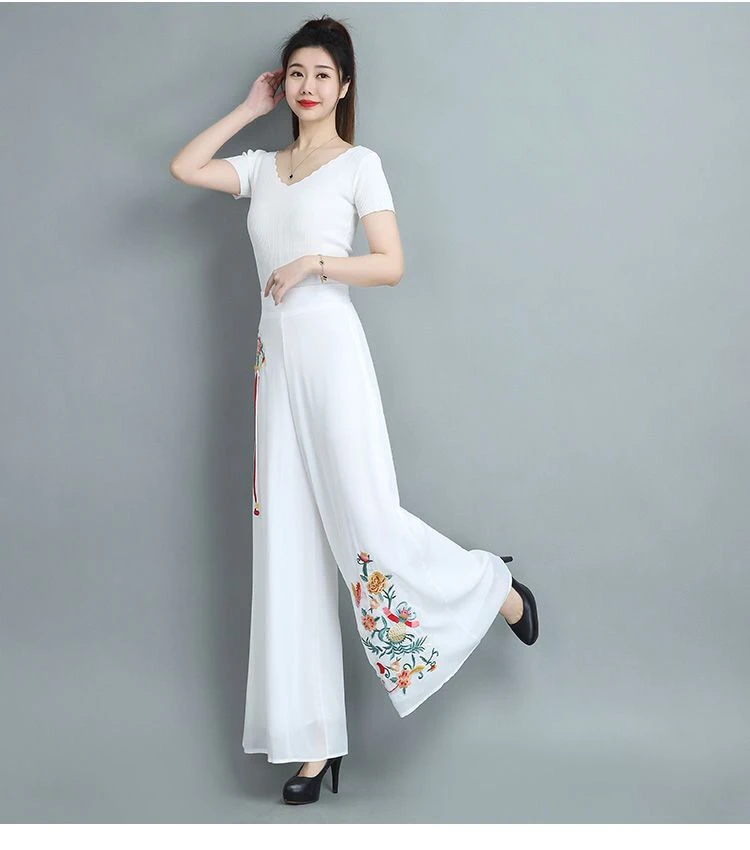 新款高腰雪纺裤垂感阔腿裤长裤民族风重工刺绣花气质女裤阔腿裤
