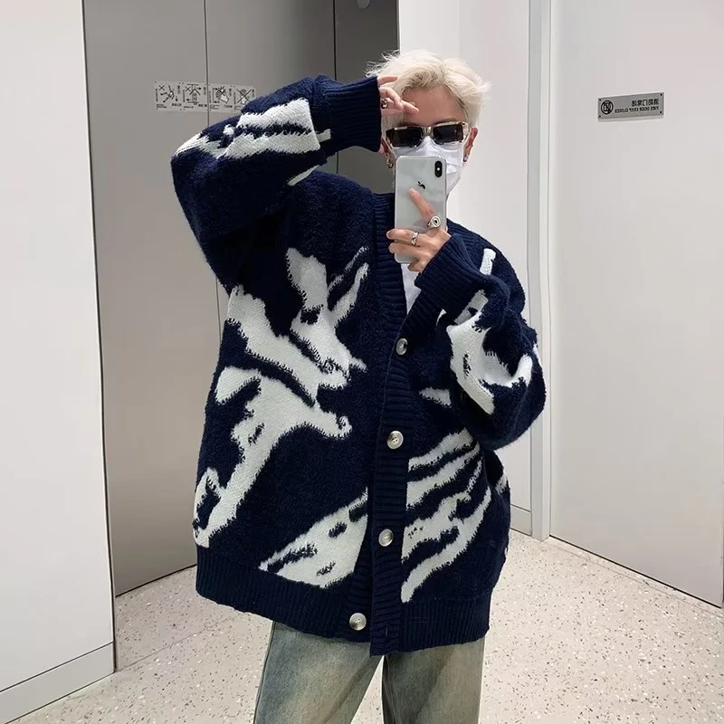 A1MP秋冬美式复古植绒开衫毛衣针织衫男宽松oversize高街嘻哈外套