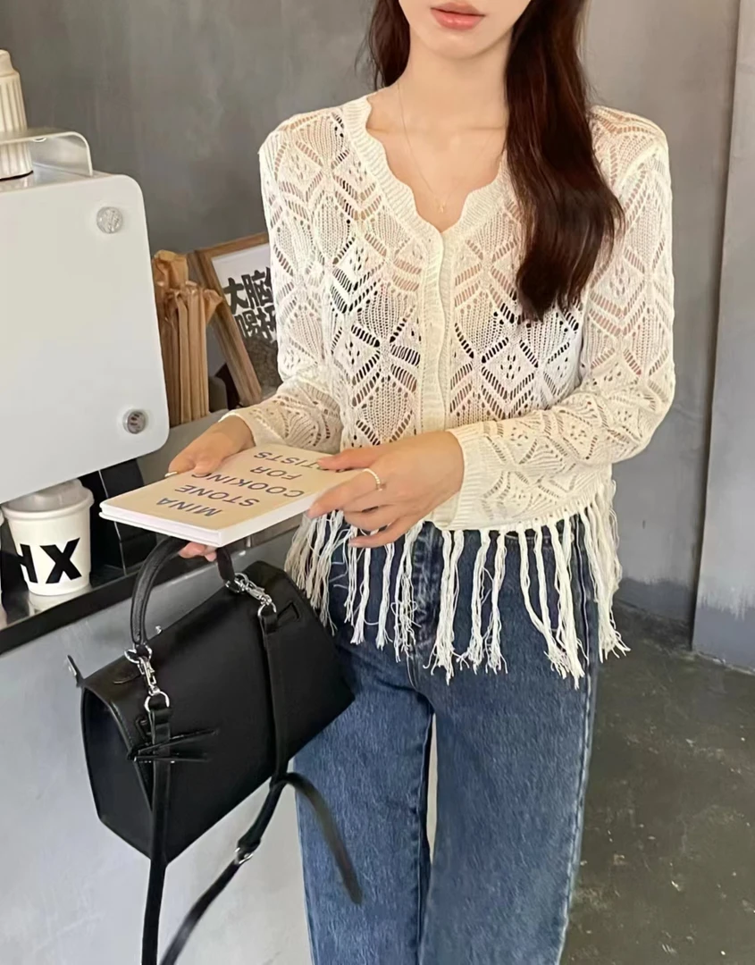 早秋款法式花边V领流苏针织衫女温柔镂空薄款长袖开衫上衣#2286