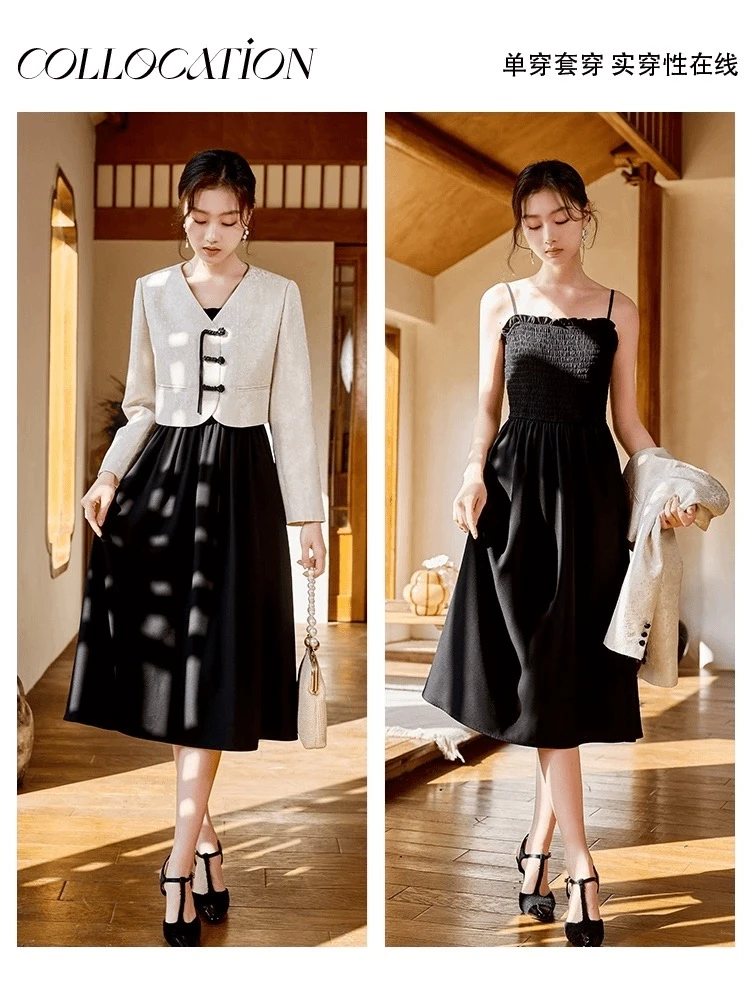 新中式国风盘扣外套吊带连衣裙两件套#826