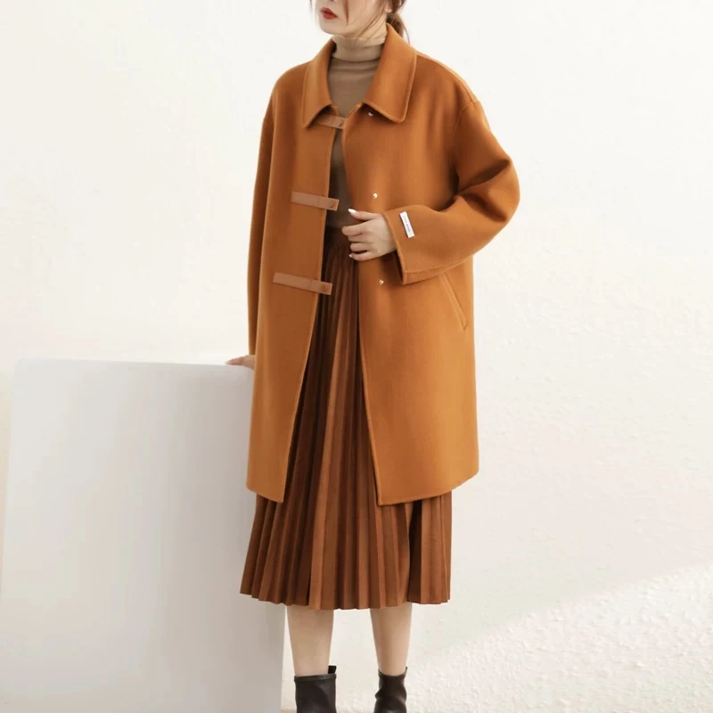 韩版欧洲站双面绒大衣翻领娃娃款中长款毛呢外套#2066