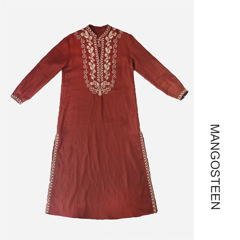 中古风亚麻开叉连衣裙I3651