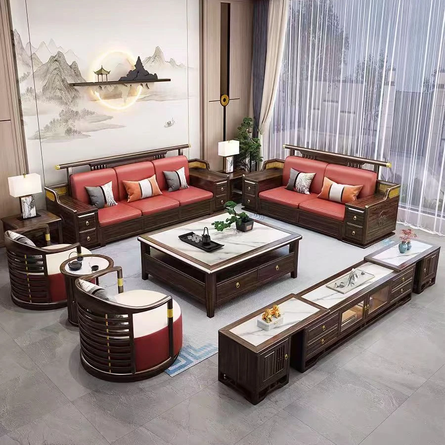 乌金木沙发新中式禅意轻奢客厅乌金木高箱储物皮坐垫实木沙发组合