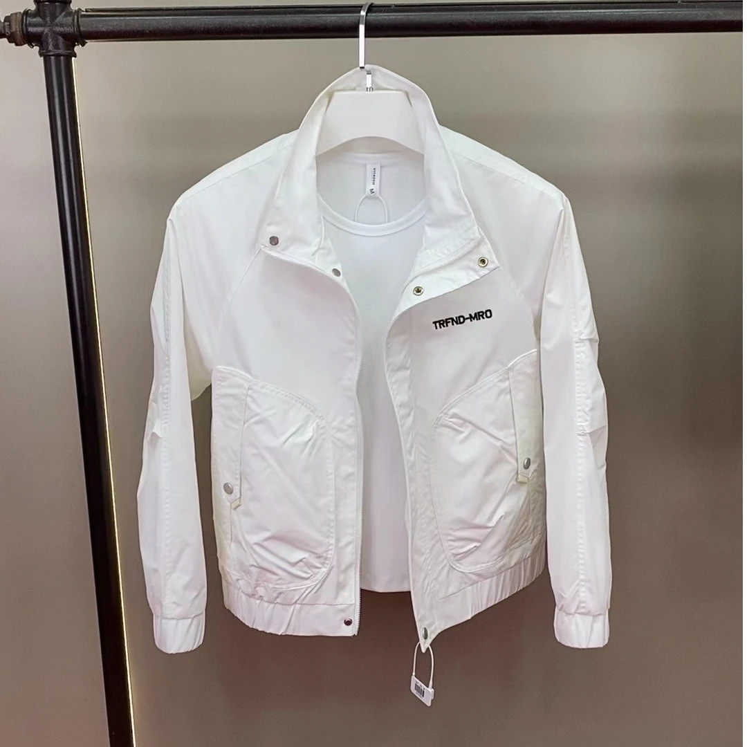 男士秋季新款时尚潮流百搭修身显瘦夹克休闲立领外套春秋白色短款