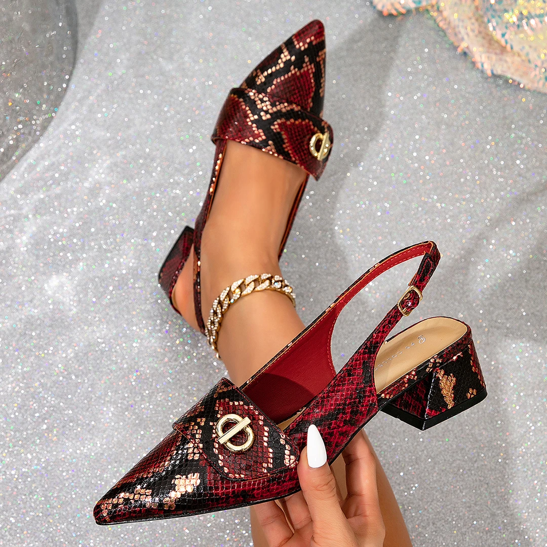 蛇纹尖头搭扣时装凉鞋中跟婚鞋春夏高跟鞋鞋子百搭漆皮浅口气质